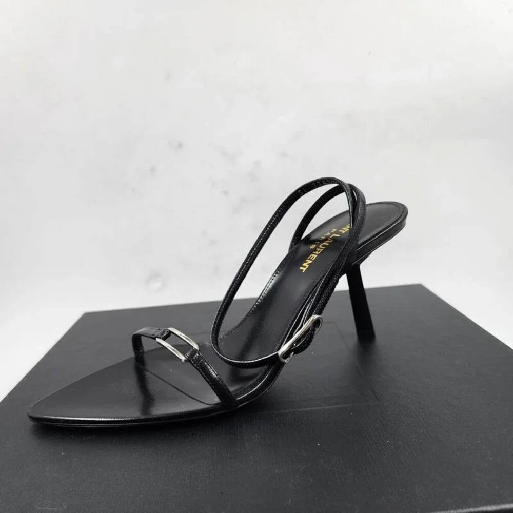 SAINT LAURENT 75mm Lambskin Leather Kitty Sandals Women's EU 36 Nero - Picture 14 of 15